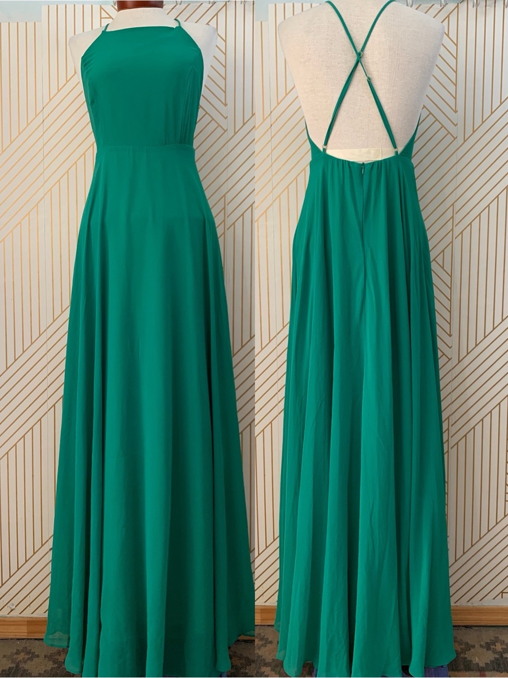 Lulusâcriss cross back A line Flowy chiffon maxi dress gown prom wedding M